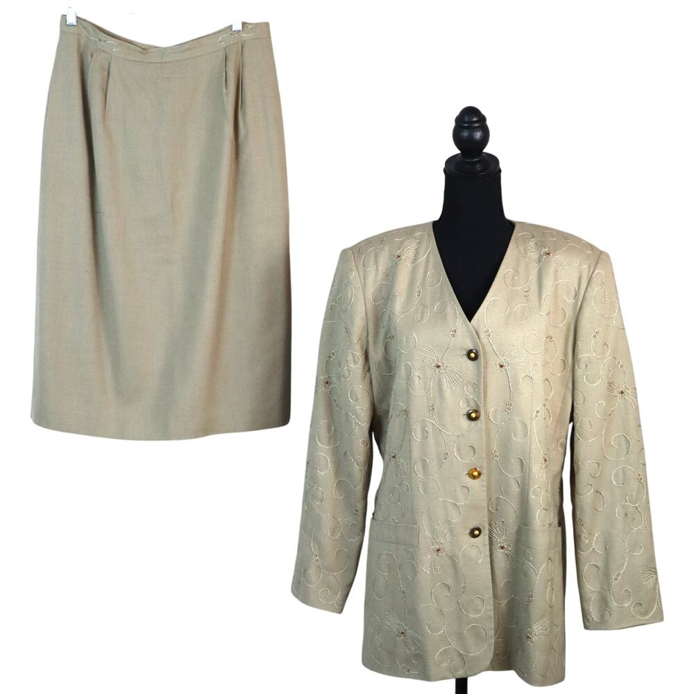 Vintage Y2K Kasper ASL Khaki Beige LINEN Skirt Suit Set 14 Embroidered Summer